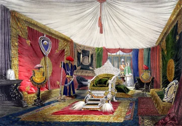 Vue de la salle sous tente et du trône sculpté en ivoire, dans la section Inde de la Grande Exposition de 1851, de Dickinsons Comprehensive Pictures